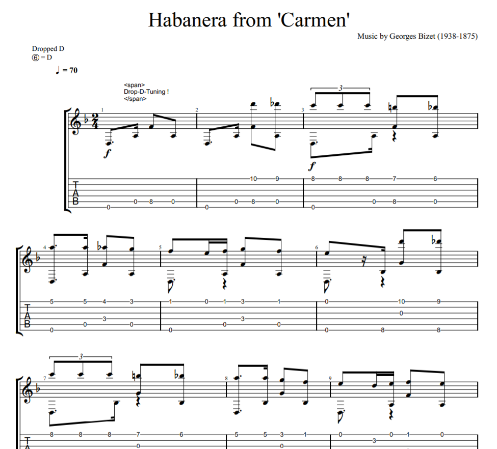 Habanera from ( Carmen ) sheet music for guitar tab
